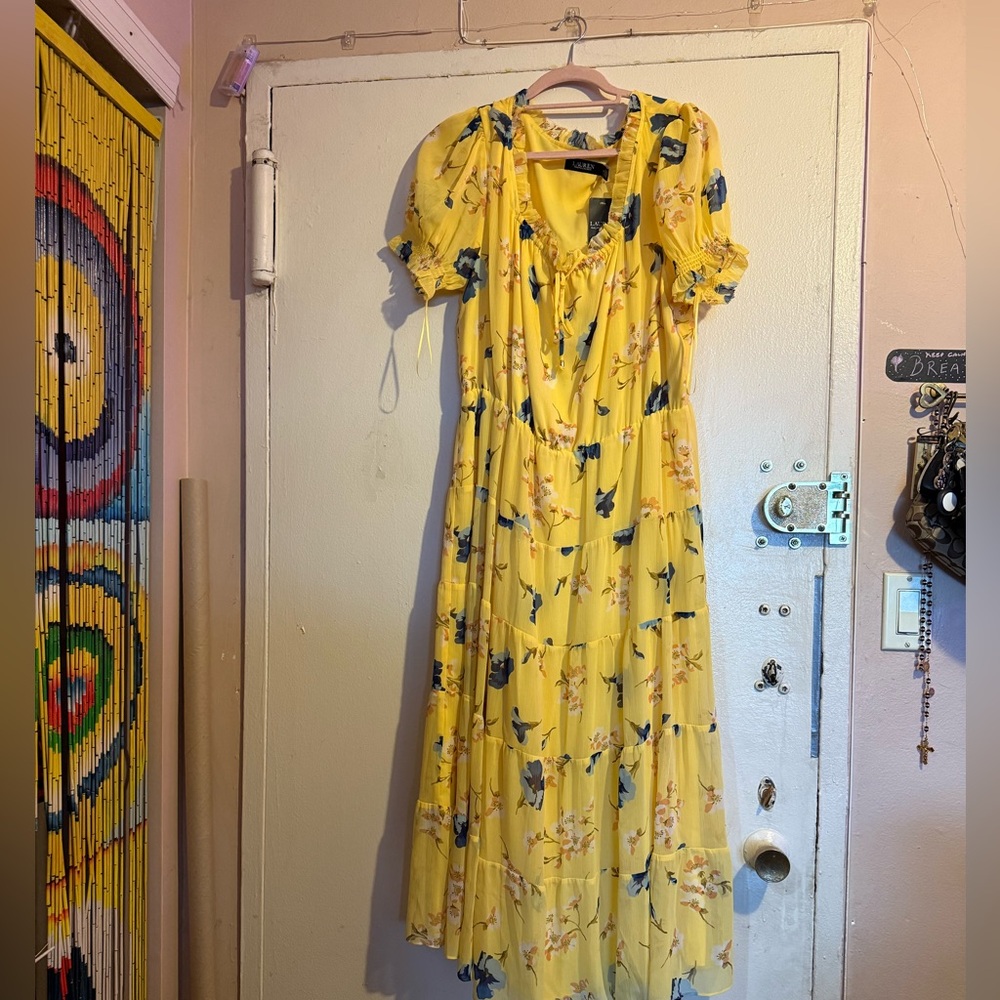 Ralph Lauren Blue and Yellow Puff Sleeve Maxi Sundress